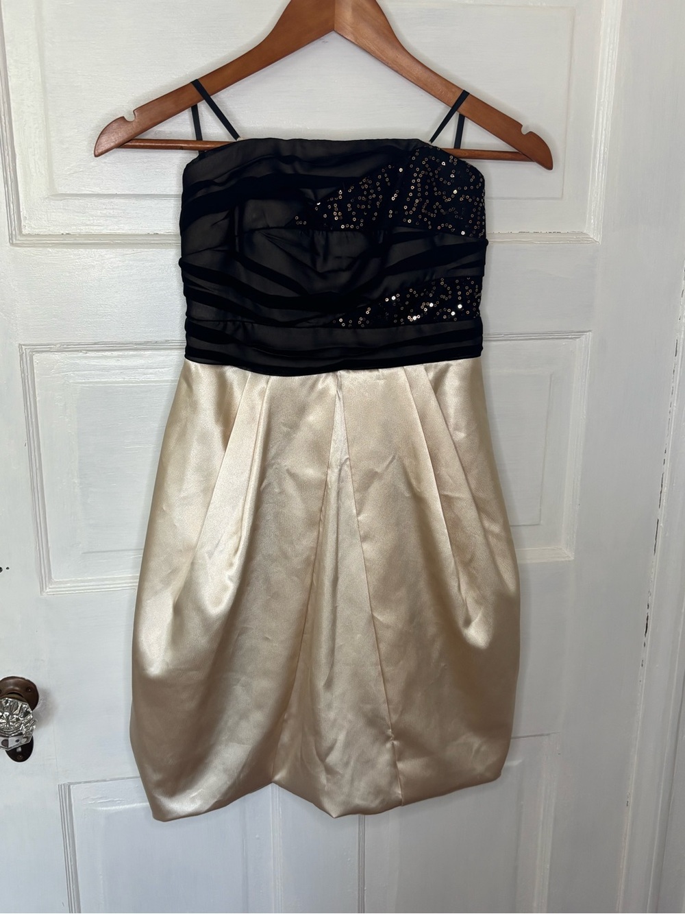 BCX Black Sequin Bodice Strapless Dress with Champagne Skirt